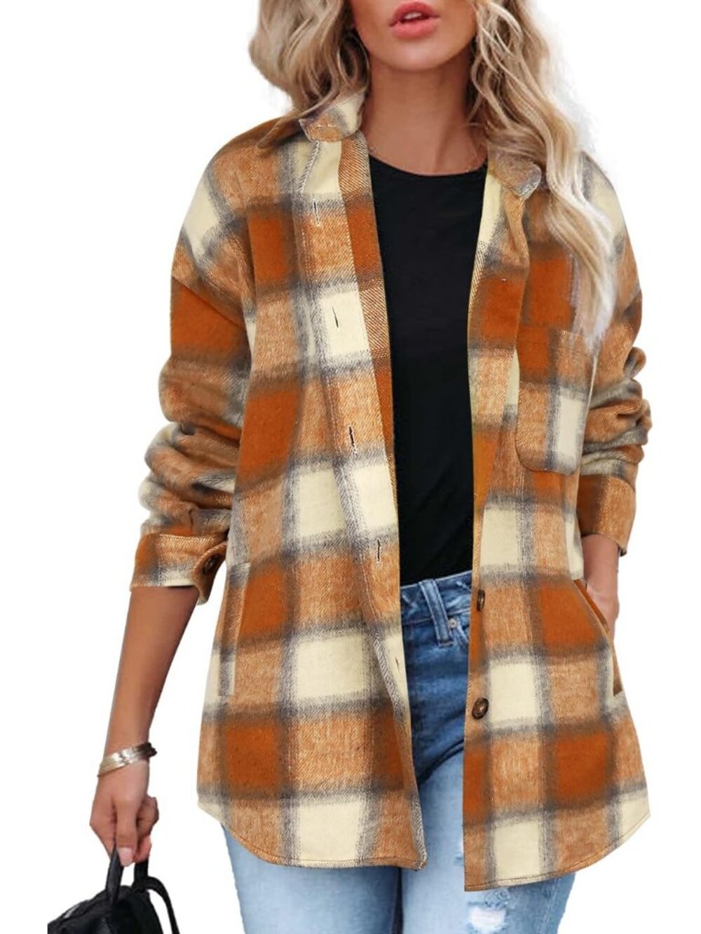 Women's Orange Fall Plaid Long Sleeve Bust Pocket Button Down Flannel Shacket